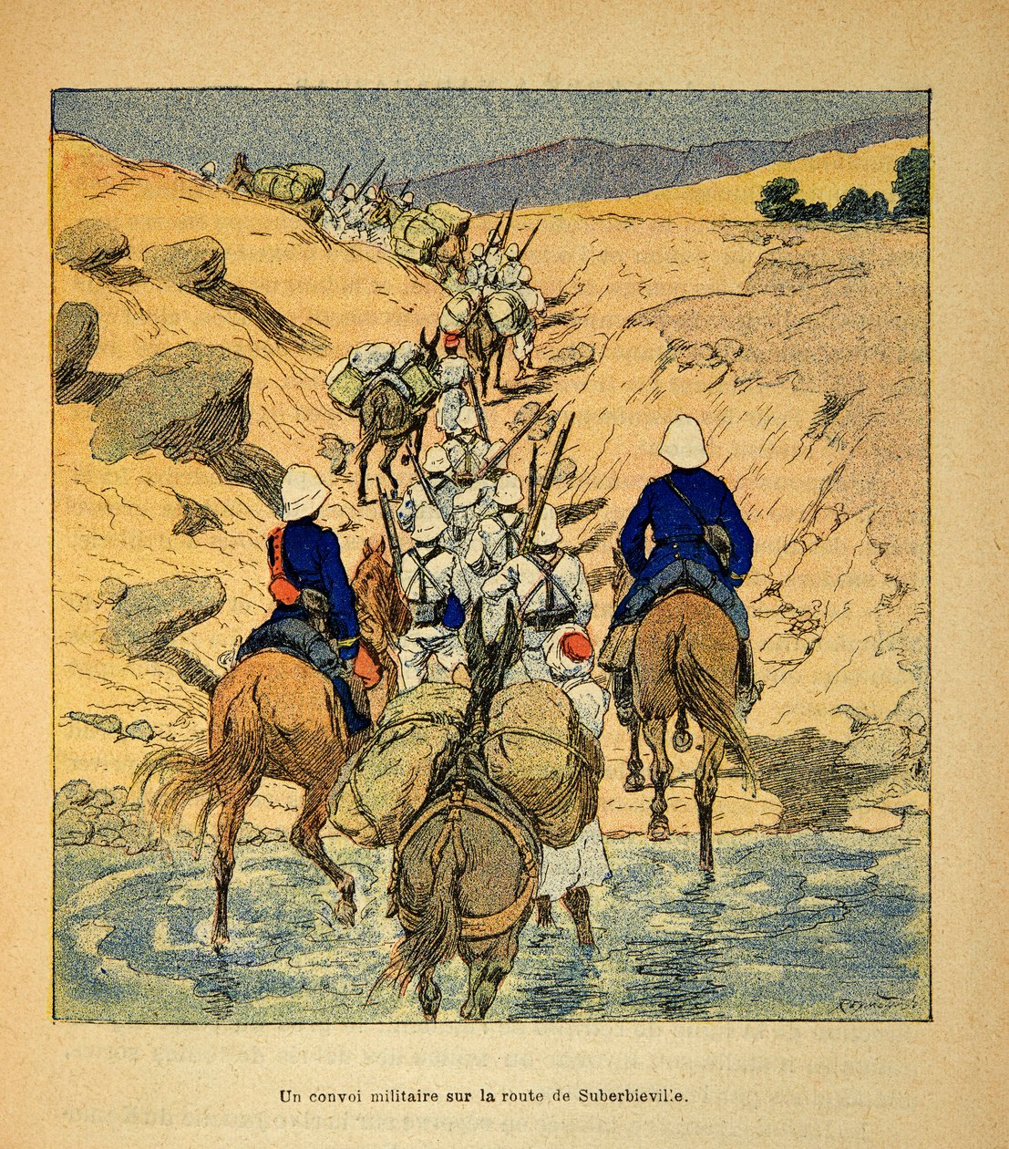 The War in Madagascar-Anecdotal History of the French Expeditions of 1885-1895 av Henri Galli dit Galllichet (1854-1922), illustrert av Louis Bombled (1862-1927): en militær konvoi på veien til Suberbieville i 1895, privat samling av Louis Charles Bombled