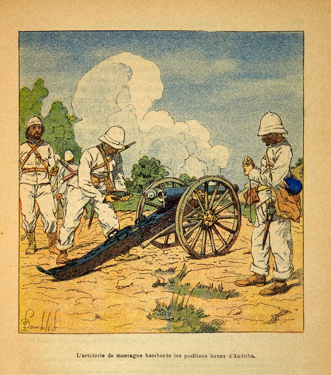 The War in Madagascar-Anecdotal History of the French Expeditions of 1885-1895 av Henri Galli dit Galllichet (1854-1922), illustrert av Louis Bombled (1862-1927): Fjellartilleriet bombarderte stillingene Hovas a Andriba i 1895, Privat samling av Louis Charles Bombled