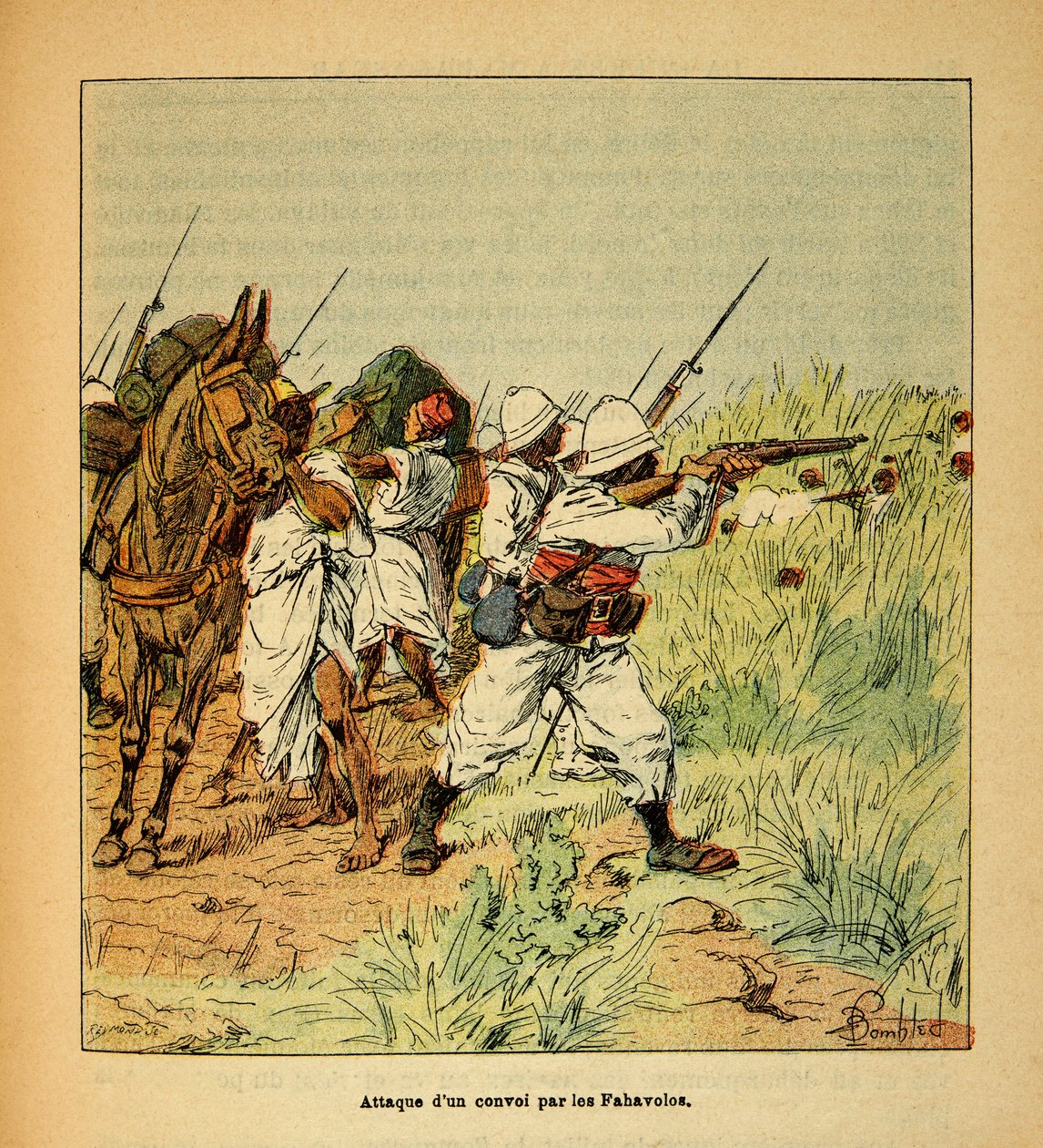 The War in Madagascar-Anecdotal History of the French Expeditions of 1885-1895 av Henri Galli dit Galllichet (1854-1922), illustrert av Louis Bombled (1862-1927): Angrep av en militærkonvoi av Fahavolos, privat samling av Louis Charles Bombled