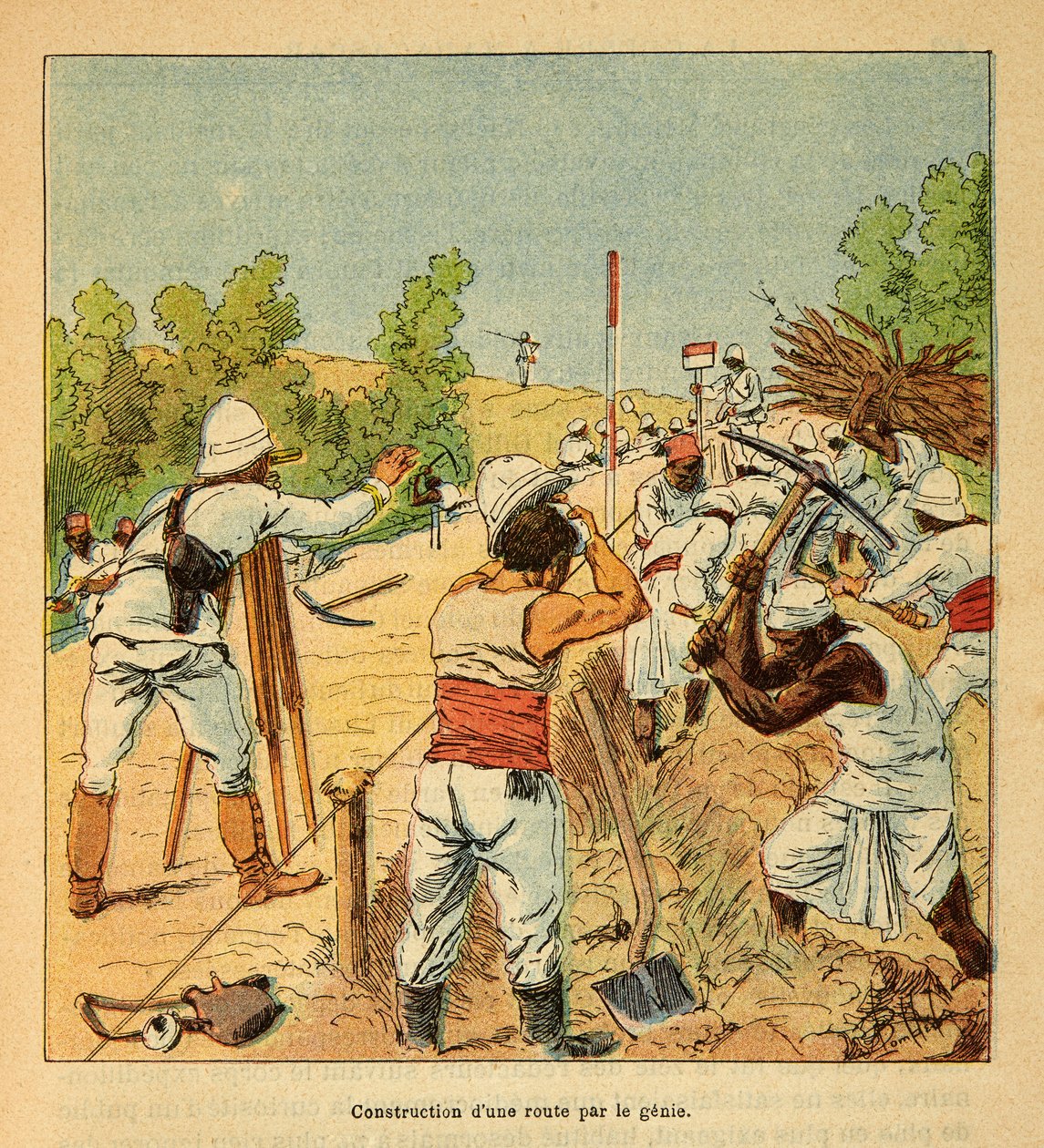 The War in Madagascar-Anecdotal History of the French Expeditions of 1885-1895 av Henri Galli dit Galllichet (1854-1922), illustrert av Louis Bombled (1862-1927): Bygging av en vei på Madagaskar av Genie i 1895, privat samling av Louis Charles Bombled