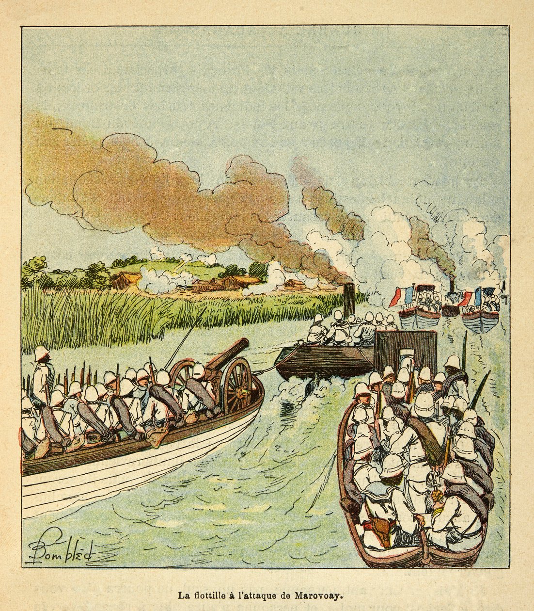 The War in Madagascar-Anecdotal History of the French Expeditions of 1885-1895 av Henri Galli dit Galllichet (1854-1922), illustrert av Louis Bombled (1862-1927): Marineinfanteriet angrep byen Marovoay i 1895, privat samling av Louis Charles Bombled