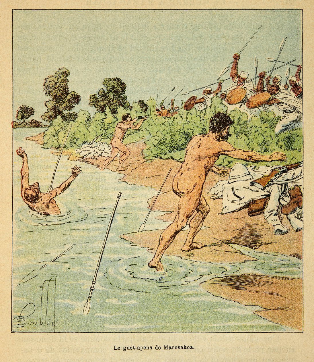 The War in Madagascar-Anecdotal History of the French Expeditions of 1885-1895 av Henri Galli dit Galllichet (1854-1922), illustrert av Louis Bombled (1862-1927): Sakalaves angriper franske forhandlere ved Marosakoa i 1895, privat samling av Louis Charles Bombled