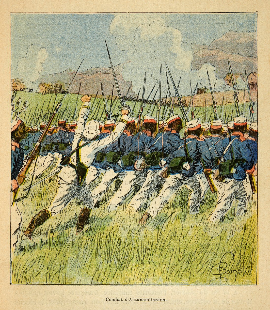 The War in Madagascar-Anecdotal History of the French Expeditions of 1885-1895 av Henri Galli dit Galllichet (1854-1922), illustrert av Louis Bombled (1862-1927): Franske tropper under Antanamitarana-slagene i 1895, Privat samling av Louis Charles Bombled