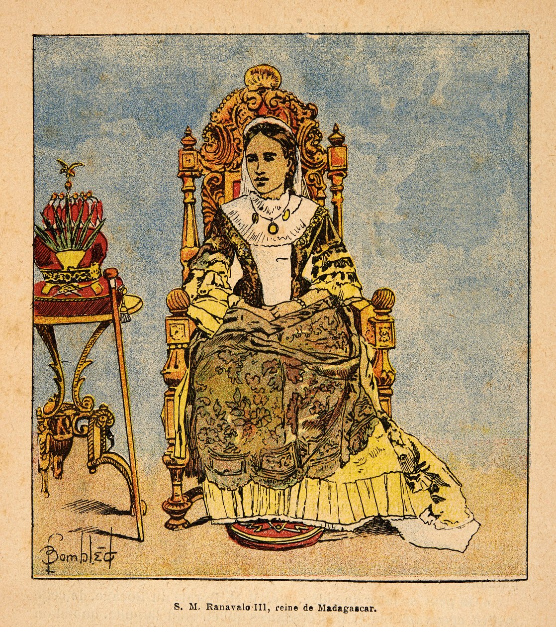 The War in Madagascar-Anecdotal History of the French Expeditions of 1885-1895 av Henri Galli dit Galllichet (1854-1922), illustrert av Louis Bombled (1862-1927): Portrait of Queen Ranavalona III (1861-1917) Queen of Madagaskar, Privat samling av Louis Charles Bombled