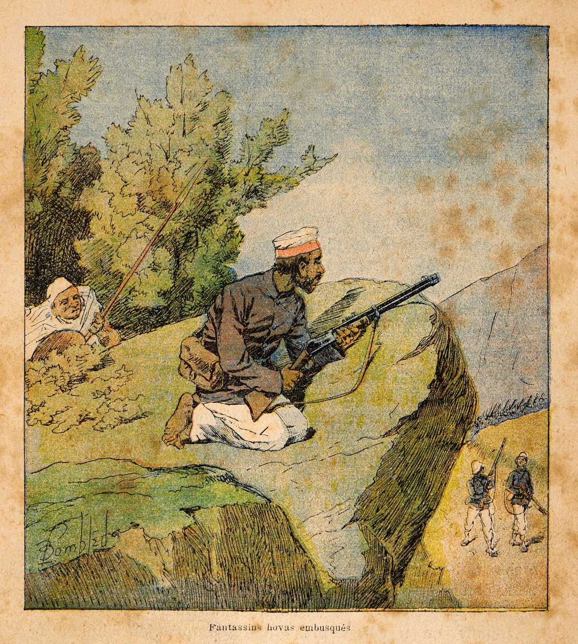 The War in Madagascar-Anecdotal History of the French Expeditions of 1885-1895 av Henri Galli dit Galllichet (1854-1922), illustrert av Louis Bombled (1862-1927): Hovas-bakholdsangrep, privat samling av Louis Charles Bombled