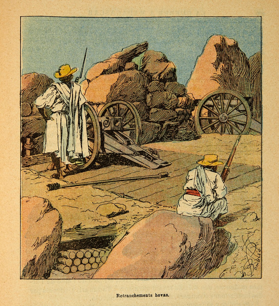 The War in Madagascar-Anecdotal History of the French Expeditions of 1885-1895 av Henri Galli dit Galllichet (1854-1922), illustrert av Louis Bombled (1862-1927): Retrenchment of Hovas-tropper i 1895 i Tananarive, Private Collection av Louis Charles Bombled