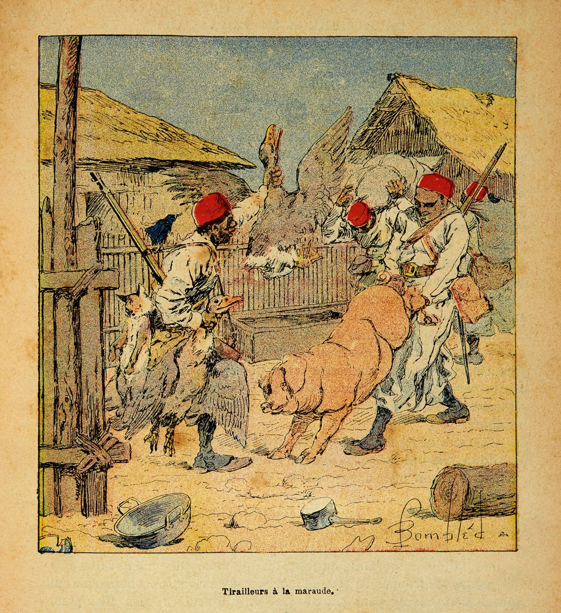 The War in Madagascar-Anecdotal History of the French Expeditions of 1885-1895 av Henri Galli dit Galllichet (1854-1922), illustrert av Louis Bombled (1862-1927): Plyndring av tirailleurs i gårder, privat samling av Louis Charles Bombled
