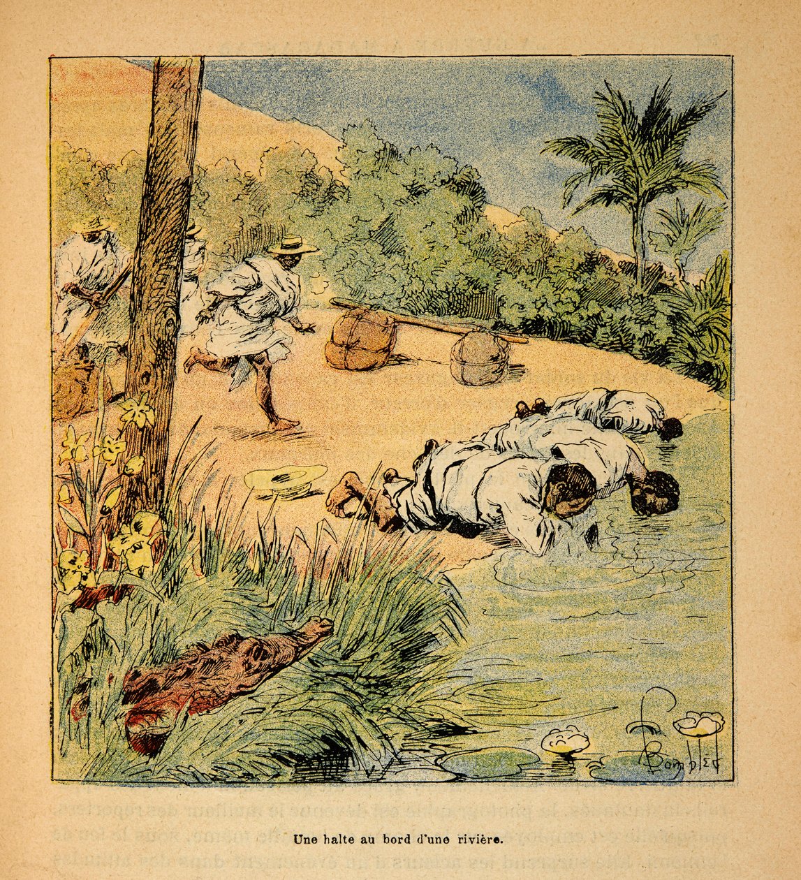 The War in Madagascar-Anecdotal History of the French Expeditions of 1885-1895 av Henri Galli dit Galllichet (1854-1922), illustrert av Louis Bombled (1862-1927): Et stopp ved elven i 1895, privat samling av Louis Charles Bombled