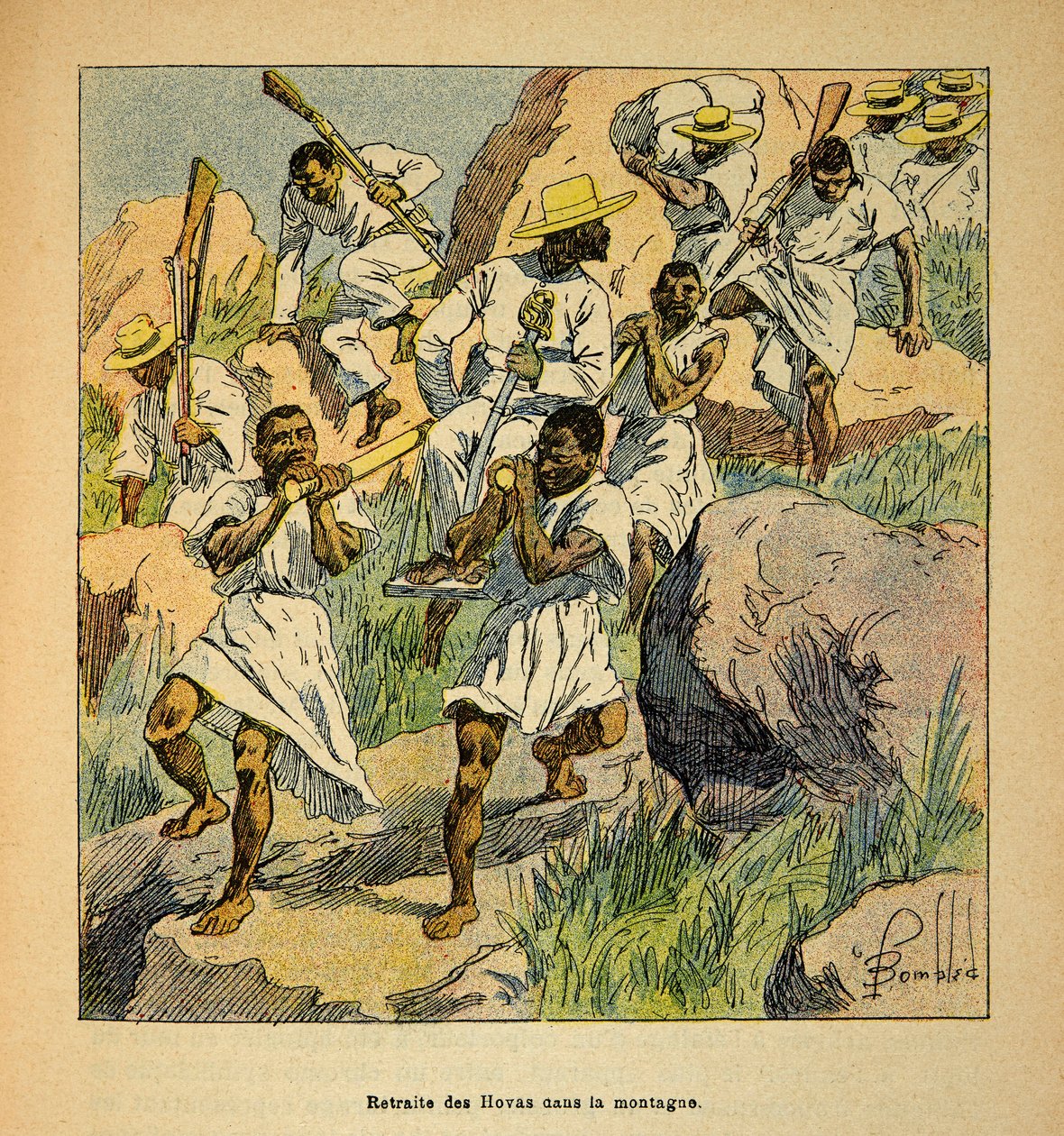 The War in Madagascar-Anecdotal History of the French Expeditions of 1885-1895 av Henri Galli dit Galllichet (1854-1922), illustrert av Louis Bombled (1862-1927): Retreat of Hovas Troops in the Mountains, Private Collection av Louis Charles Bombled