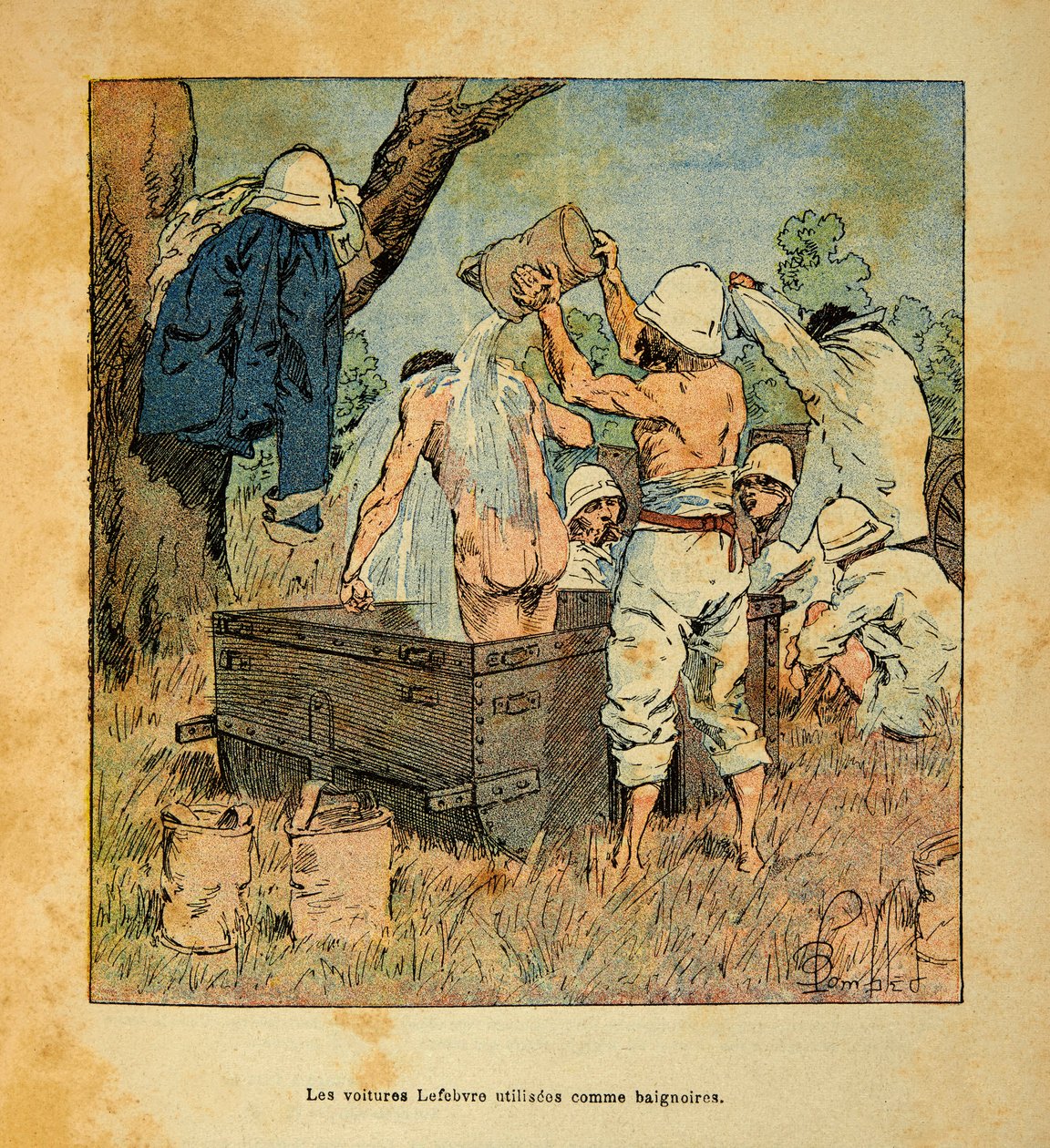 The War in Madagascar-Anecdotal History of the French Expeditions of 1885-1895 av Henri Galli dit Galllichet (1854-1922), illustrert av Louis Bombled (1862-1927): Lefebvre-bilene brukt som badekar av soldater i 1895 på Madagaskar, Privat samling av Louis Charles Bombled
