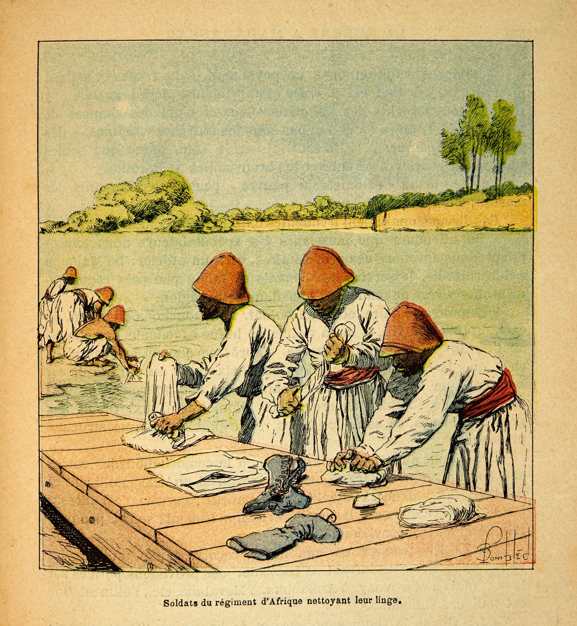 The War in Madagascar-Anecdotal History of the French Expeditions of 1885-1895 av Henri Galli dit Galllichet (1854-1922), illustrert av Louis Bombled (1862-1927): Soldater fra det afrikanske regimentet renser vaskeriet på bredden av en elv på Madagasca av Louis Charles Bombled