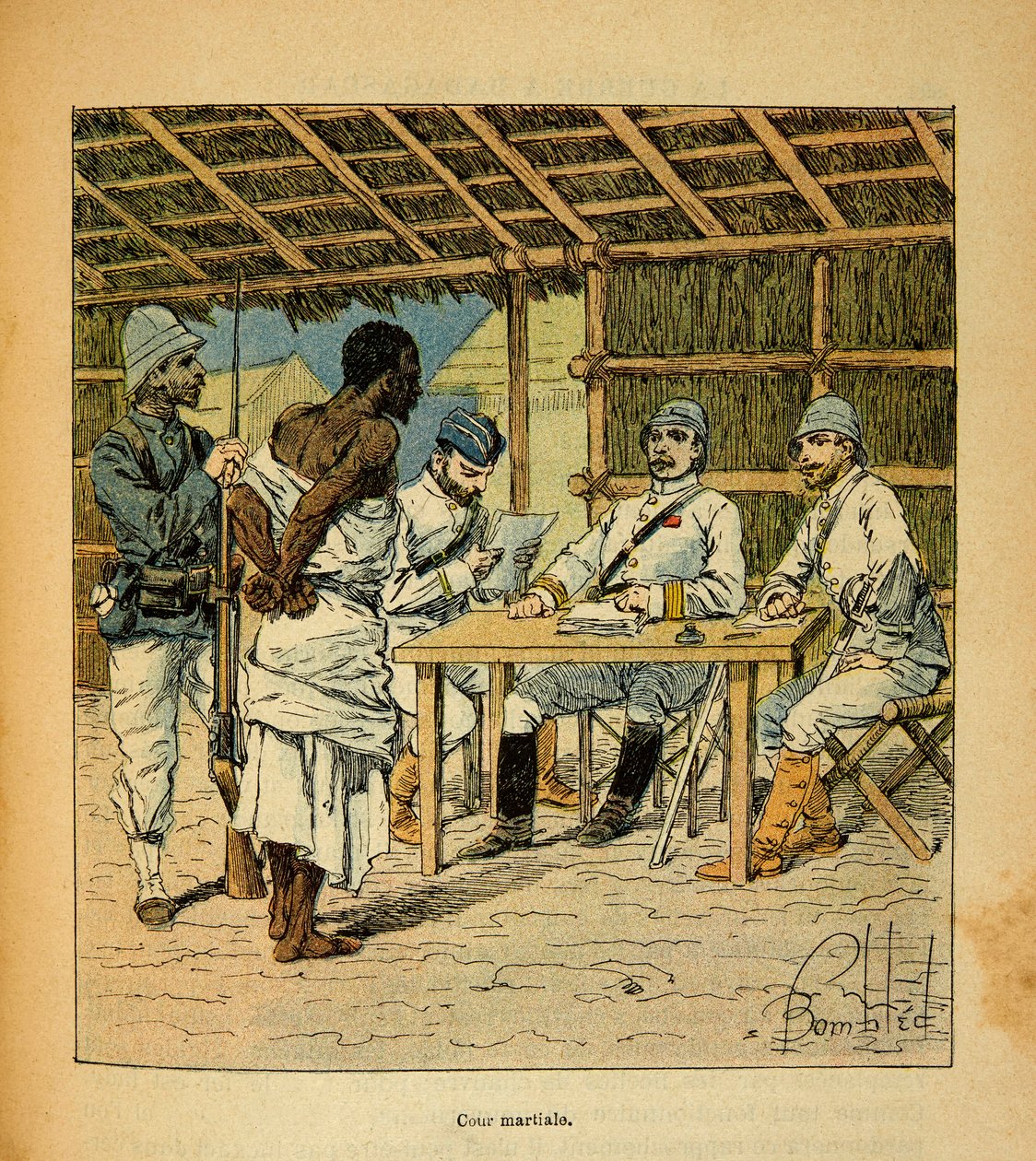 The War in Madagascar-Anecdotal History of the French Expeditions of 1885-1895 av Henri Galli dit Galllichet (1854-1922), illustrert av Louis Bombled (1862-1927): Avhør av en Hovas-fange av den franske, privat samling av Louis Charles Bombled