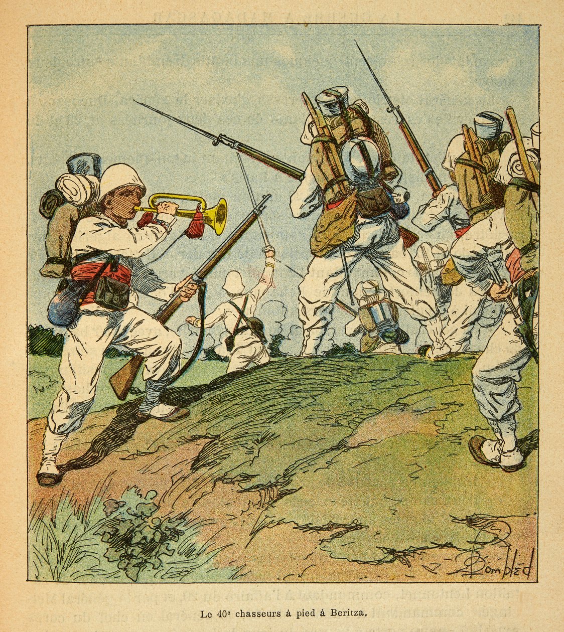 The War in Madagascar-Anecdotal History of the French Expeditions of 1885-1895 av Henri Galli dit Galllichet (1854-1922), illustrert av Louis Bombled (1862-1927): De 40. jegerne til fots under kampene i Beritza i 1895, privat Samling av Louis Charles Bombled