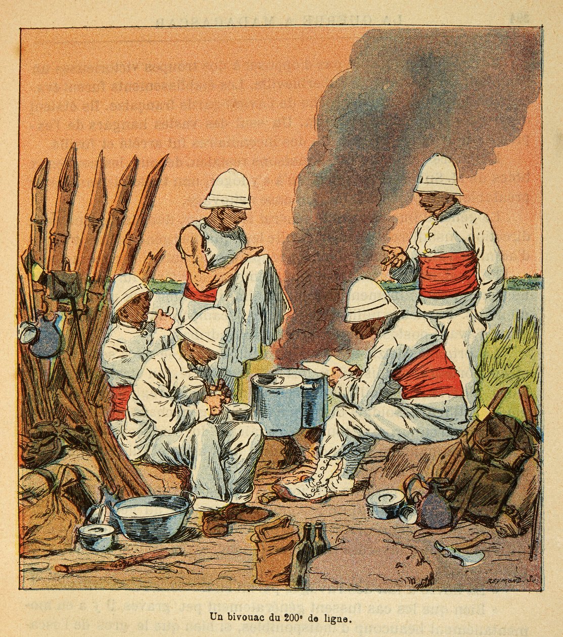 The War in Madagascar-Anecdotal History of the French Expeditions of 1885-1895 av Henri Galli dit Galllichet (1854-1922), illustrert av Louis Bombled (1862-1927): En bivuakk av den 200. linjen på Madagaskar i 1895, privat samling av Louis Charles Bombled