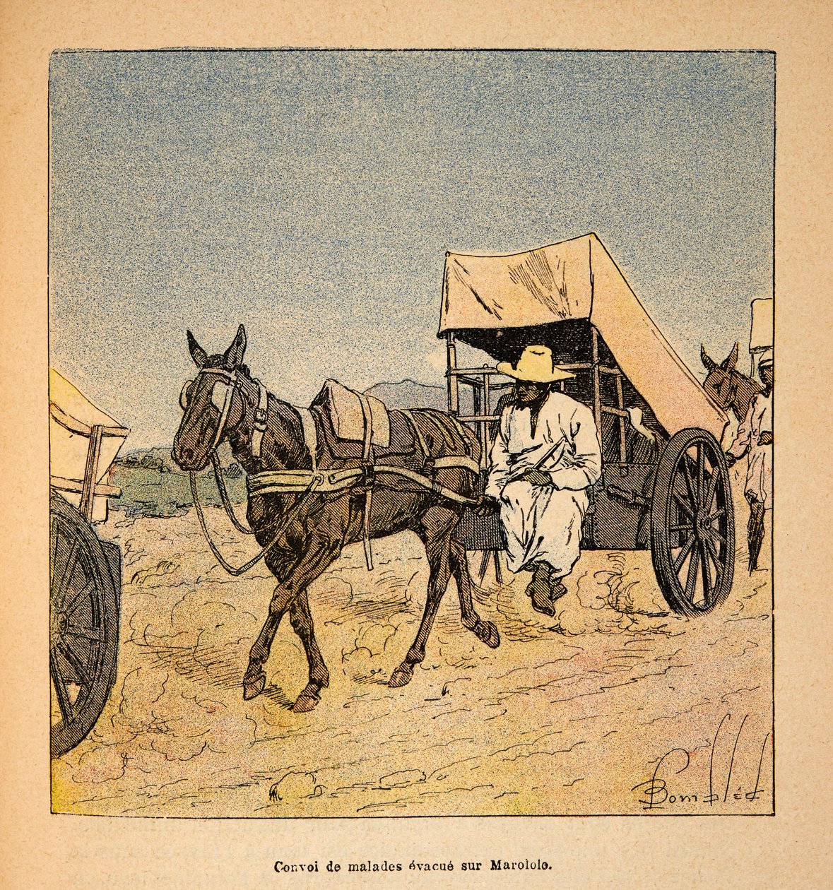 The War in Madagascar-Anecdotal History of the French Expeditions of 1885-1895 av Henri Galli dit Galllichet (1854-1922), illustrert av Louis Bombled (1862-1927): Convoy of Sick Escapes on Marololo, Private Collection av Louis Charles Bombled
