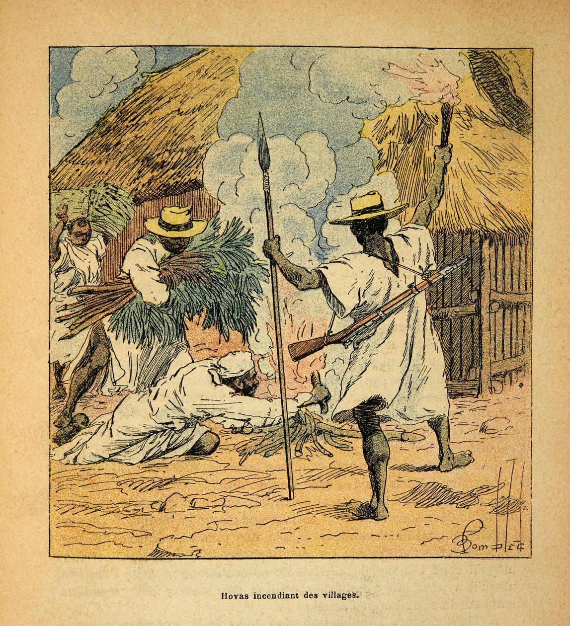The War in Madagascar-Anecdotal History of the French Expeditions of 1885-1895 av Henri Galli dit Galllichet (1854-1922), illustrert av Louis Bombled (1862-1927): Hovas brennende landsbyer, privat samling av Louis Charles Bombled