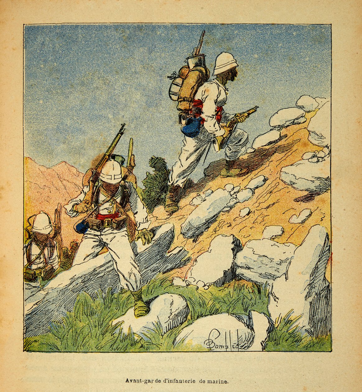 The War in Madagascar-Anecdotal History of the French Expeditions of 1885-1895 av Henri Galli dit Galllichet (1854-1922), illustrert av Louis Bombled (1862-1927): Avantgarde of infantry in Madagascar in 1895, Private Collection av Louis Charles Bombled