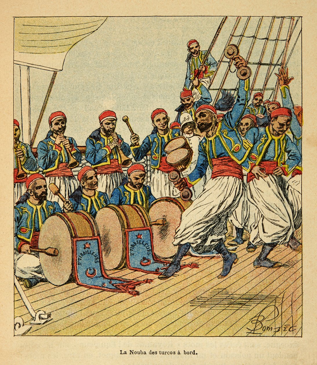 The War in Madagascar-Anecdotal History of the French Expeditions of 1885-1895 av Henri Galli dit Galllichet (1854-1922), illustrert av Louis Bombled (1862-1927): De ni tyrkerne ombord på skipet som seiler til Madagaskar, privat samling av Louis Charles Bombled