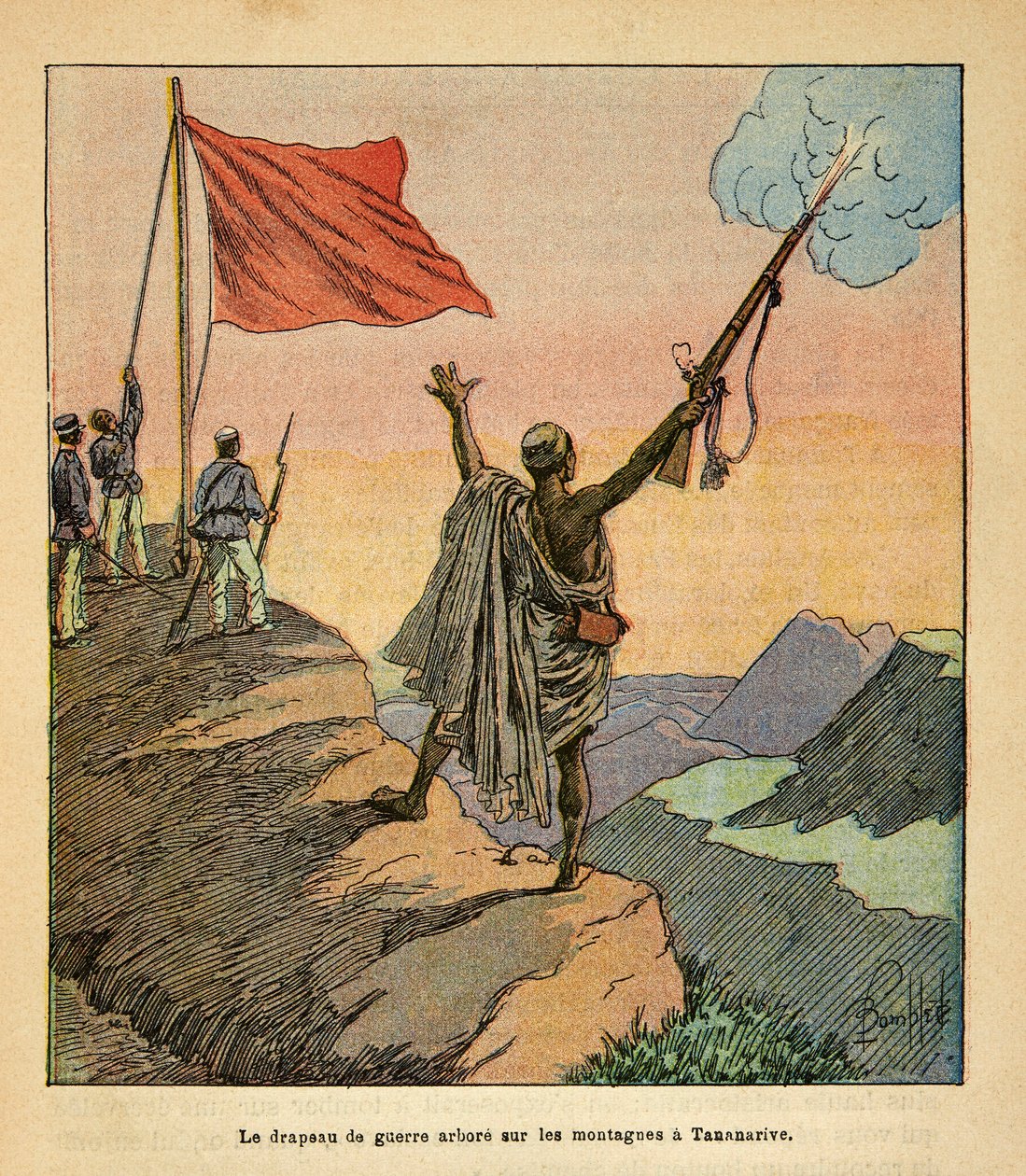 The War in Madagascar-Anecdotal History of the French Expeditions of 1885-1895 av Henri Galli dit Galllichet (1854-1922), illustrert av Louis Bombled (1862-1927): The Malagasy Red War Flag-anlegget på Tananarive-fjellene, privat samling av Louis Charles Bombled