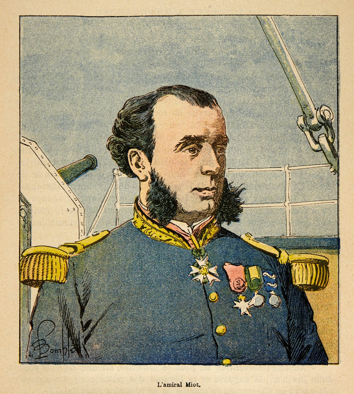 The War in Madagascar-Anecdotal History of the French Expeditions of 1885-1895 av Henri Galli dit Galllichet (1854-1922), illustrert av Louis Bombled (1862-1927): Portrett av admiral Paul Emile Miot (1827-1900), privat samling av Louis Charles Bombled