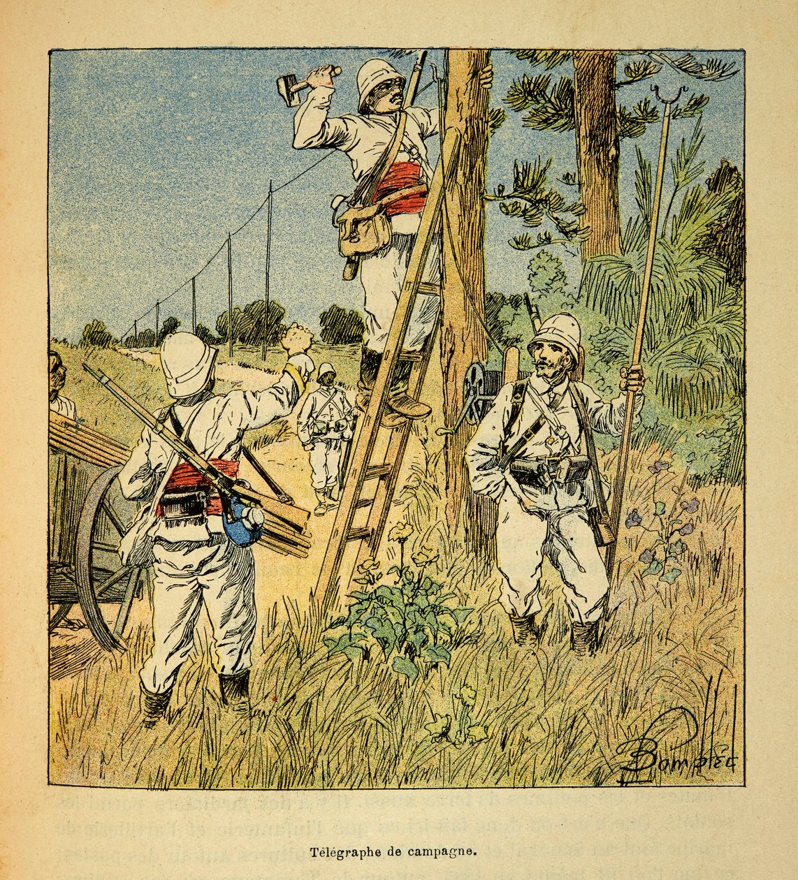 Krigen i Madagaskar-Anekdotisk historie om de franske ekspedisjonene 1885-1895 av Henri Galli dit Galllichet (1854-1922), illustrert av Louis Bombled (1862-1927): Implementering av kampanjetelegrafen av militæret på Madagaskar i 1895, privat koll av Louis Charles Bombled