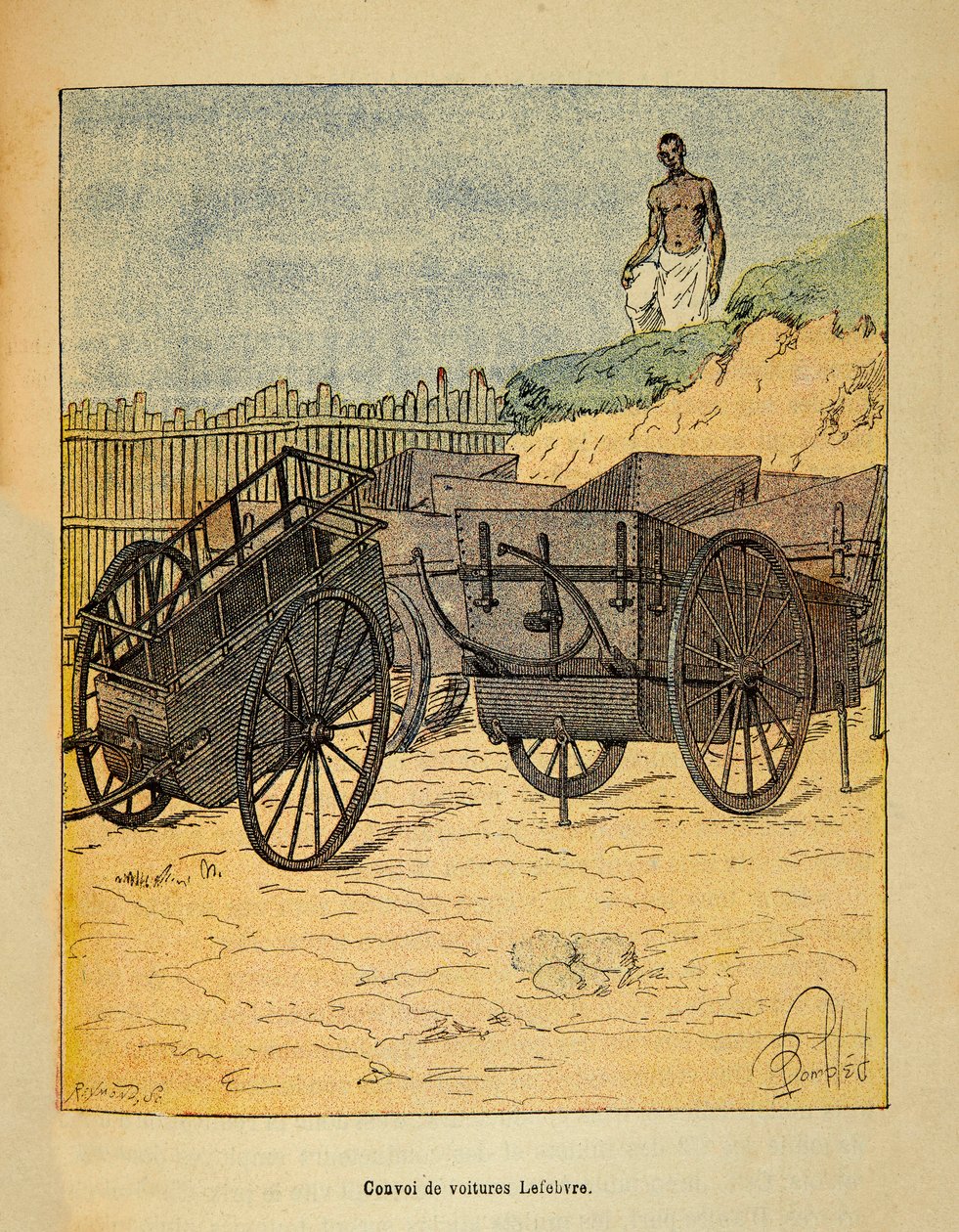 Krigen i Madagaskar-Anekdotisk historie om de franske ekspedisjonene 1885-1895 av Henri Galli dit Galllichet (1854-1922), illustrert av Louis Bombled (1862-1927): Konvoi av biler Lefebvre bruker til forsyning av tropper, Privat samling av Louis Charles Bombled
