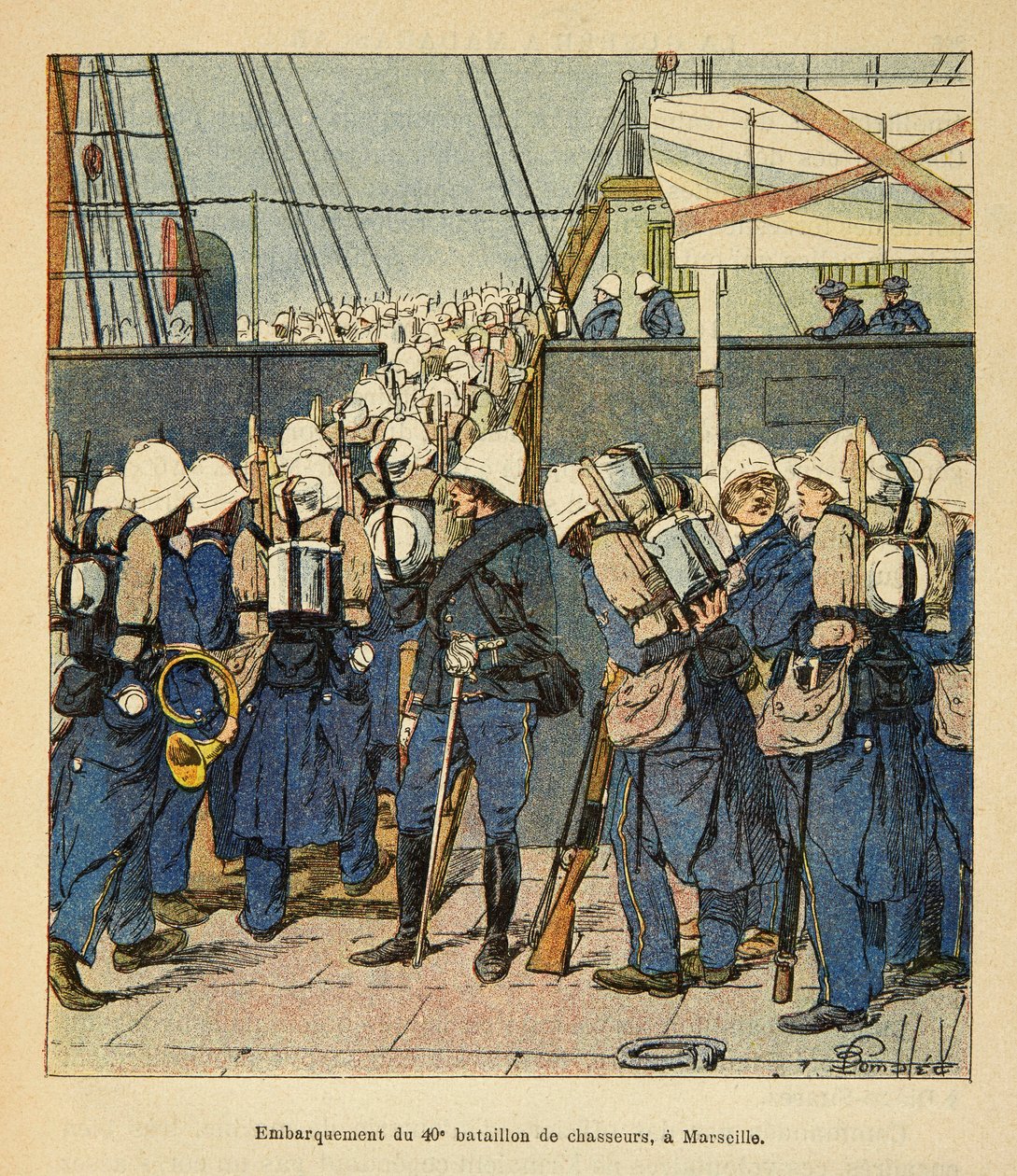 Krigen på Madagaskar-Anekdotisk historie om de franske ekspedisjonene 1885-1895 av Henri Galli dit Galllichet (1854-1922), illustrert av Louis Bombled (1862-1927): Innskipning av den 40. jagerbataljonen i Marseille for Madasgascar i 1895, privat colle av Louis Charles Bombled