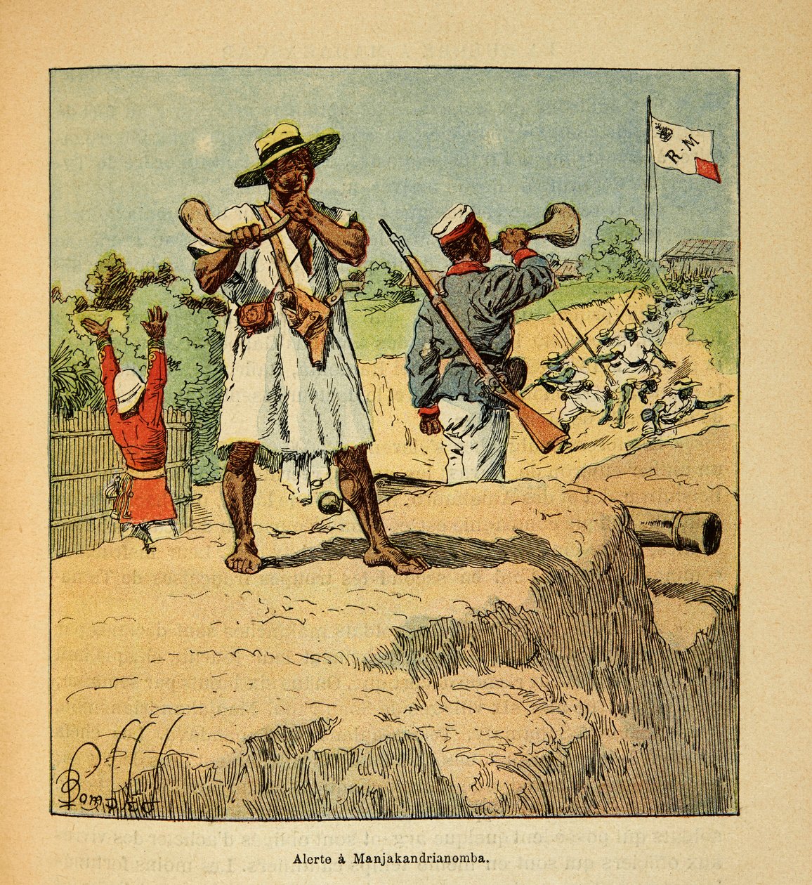 Krigen på Madagaskar-Anekdotisk historie om de franske ekspedisjonene 1885-1895 av Henri Galli dit Galllichet (1854-1922), illustrert av Louis Bombled (1862-1927): Madagaskars tropper i beredskap i Manjakandrianomba ved ankomsten av franske tropper i 18955 av Louis Charles Bombled