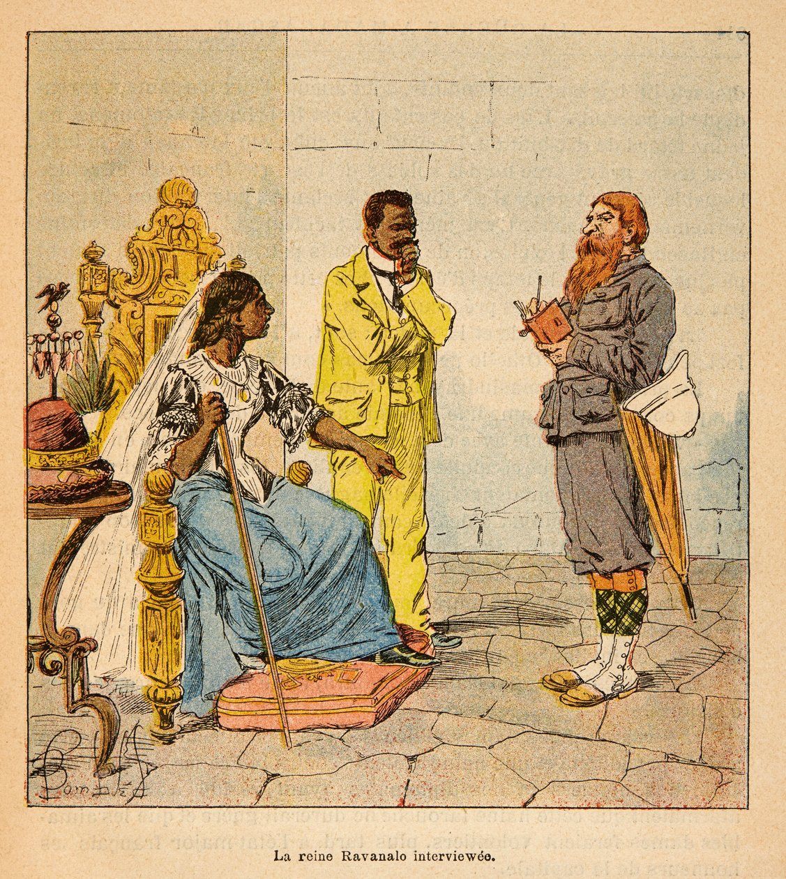 Krigen i Madagaskar-Anekdotisk historie om de franske ekspedisjonene 1885–1895 av Henri Galli dit Galllichet (1854–1922), illustrert av Louis Bombled (1862–1927): en engelsk journalist intervjuet dronning Ravanalo i 1895 i nærvær av hans beste alder minist av Louis Charles Bombled