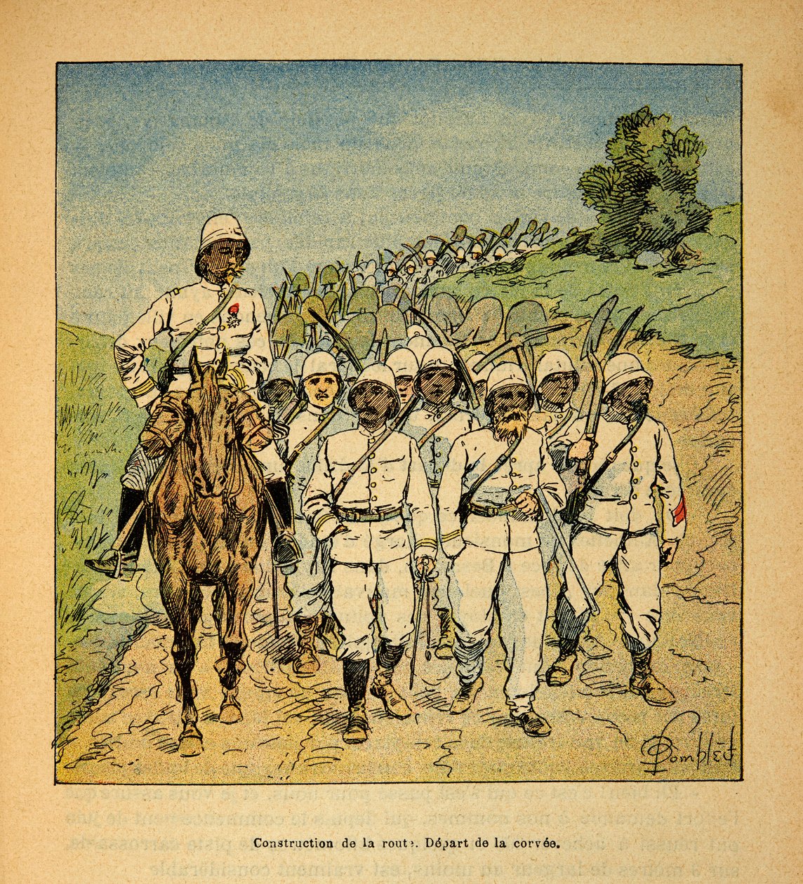 Krigen i Madagaskar-Anekdotisk historie om de franske ekspedisjonene 1885-1895 av Henri Galli dit Galllichet (1854-1922), illustrert av Louis Bombled (1862-1927): Bygging av en vei på Madagaskar, begynnelsen av korveen, Privat samling av Louis Charles Bombled