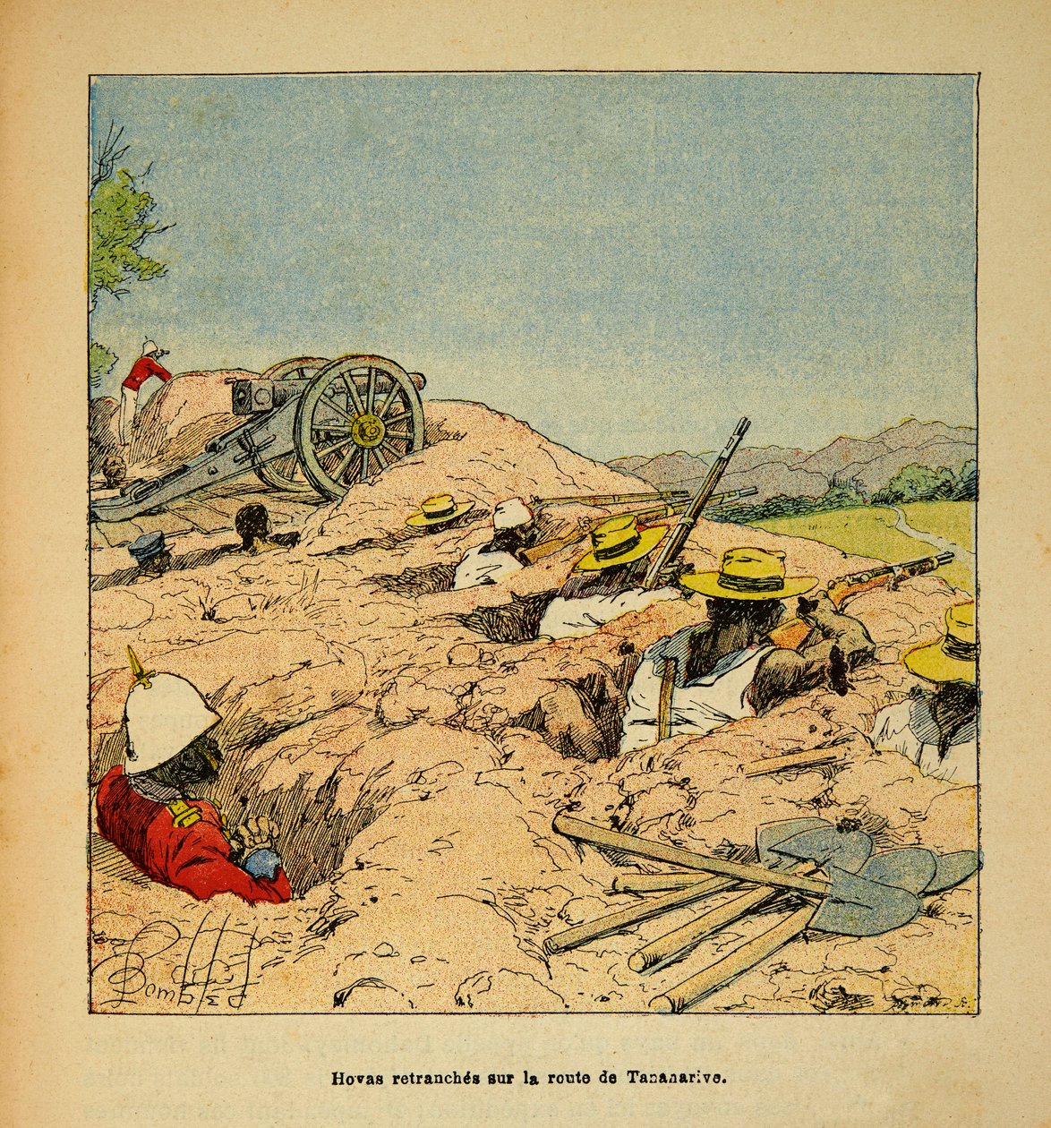 Krigen på Madagaskar-Anekdotisk historie om de franske ekspedisjonene 1885-1895 av Henri Galli dit Galllichet (1854-1922), illustrert av Louis Bombled (1862-1927): Hovas-troppens skyttergraver på veien til Tannarive i 1895, privat samling av Louis Charles Bombled