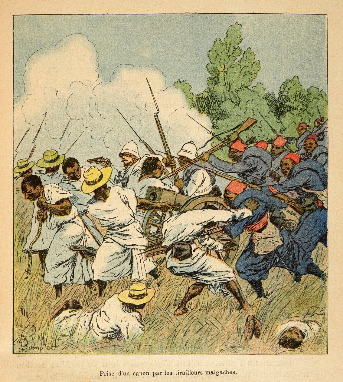 Krigen på Madagaskar - Anekdotisk historie om de franske ekspedisjonene 1885-1895 av Henri Galli dit Galllichet (1854-1922), illustrert av Louis Bombled (1862-1927): Malagasy grep en kanon under Ambolomonty-slagene i 1895, privat samling av Louis Charles Bombled