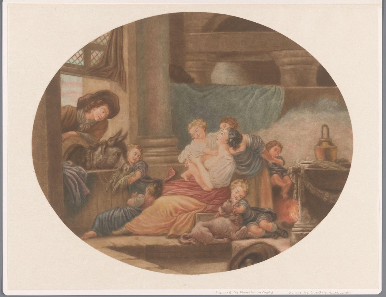 Interiør med familie med seks barn L'Heureuse Fécondité av Louis Charles Gautier Dagoty