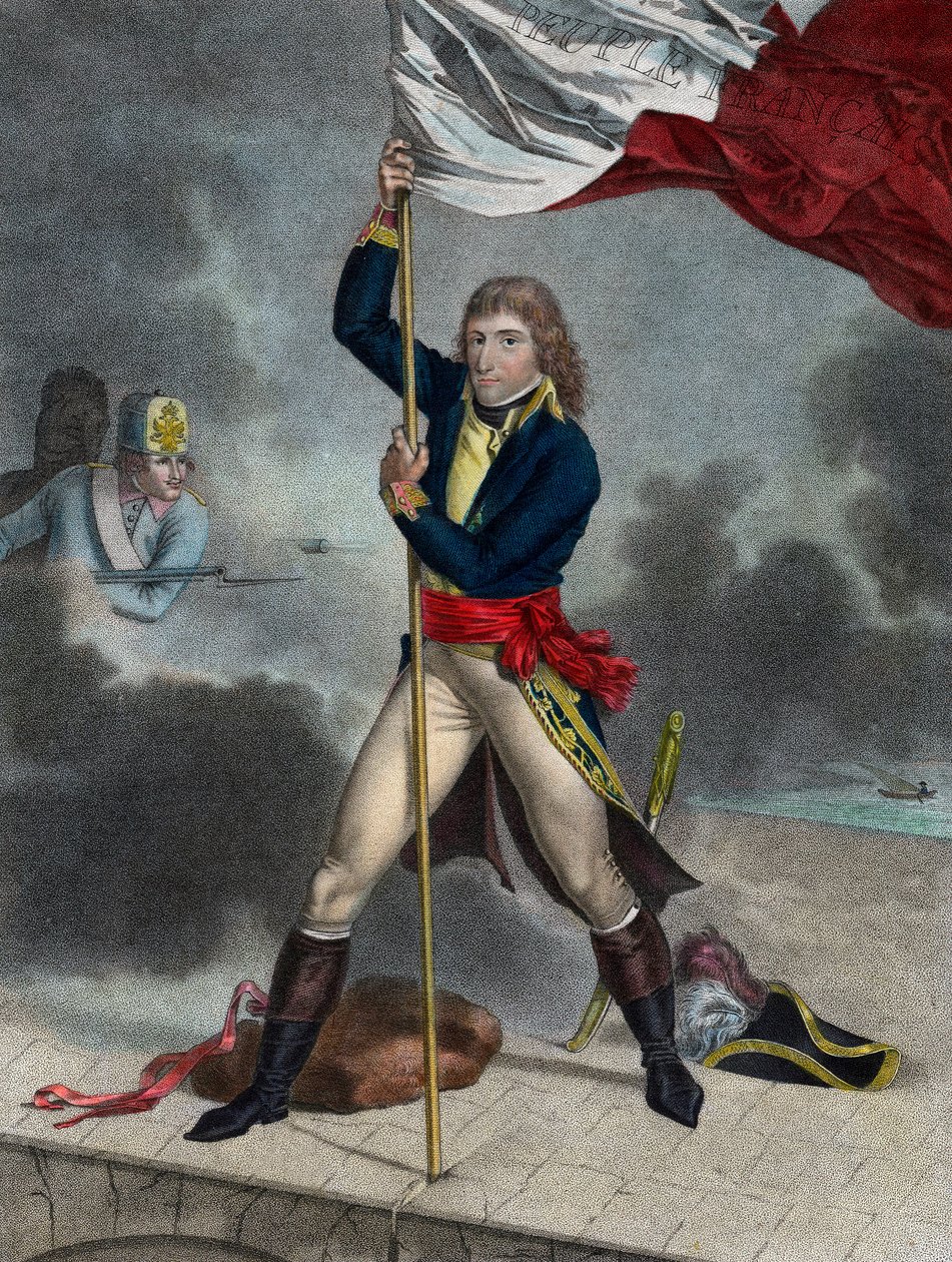 Napoleon Bonaparte under slaget ved Arcole-broen (Arcola), november 1796 - Buonaparte General en Chief of the Armee of Italy plantet et flagg på Arcole-broen i 1796 - gravering av Louis Charles Ruotte av Louis Charles Ruotte