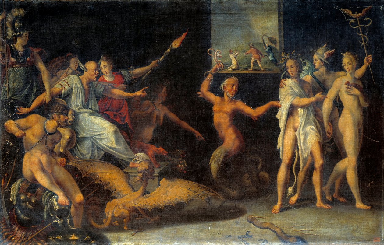 Allegorie til tilbakekallingen av Edit de Nantes i oktober 1685. Den sentrale karakteren representerer Basville (dragemann), intendant i Languedoc, som tar fra huguenottene deres siste klær. Han la til rette for etablering av dragonnader rettet mot co av Louis Cheron