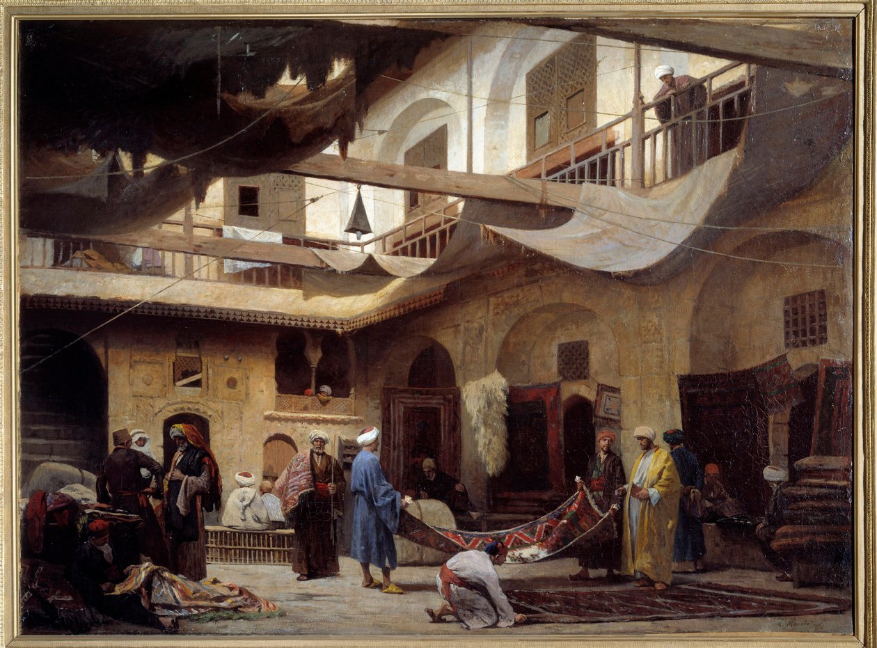 Teppebasaren i Khan-Khabil i Kairo i 1866. Maleri av Louis Claude Mouchot (1830-1891) av Louis Claude Mouchot