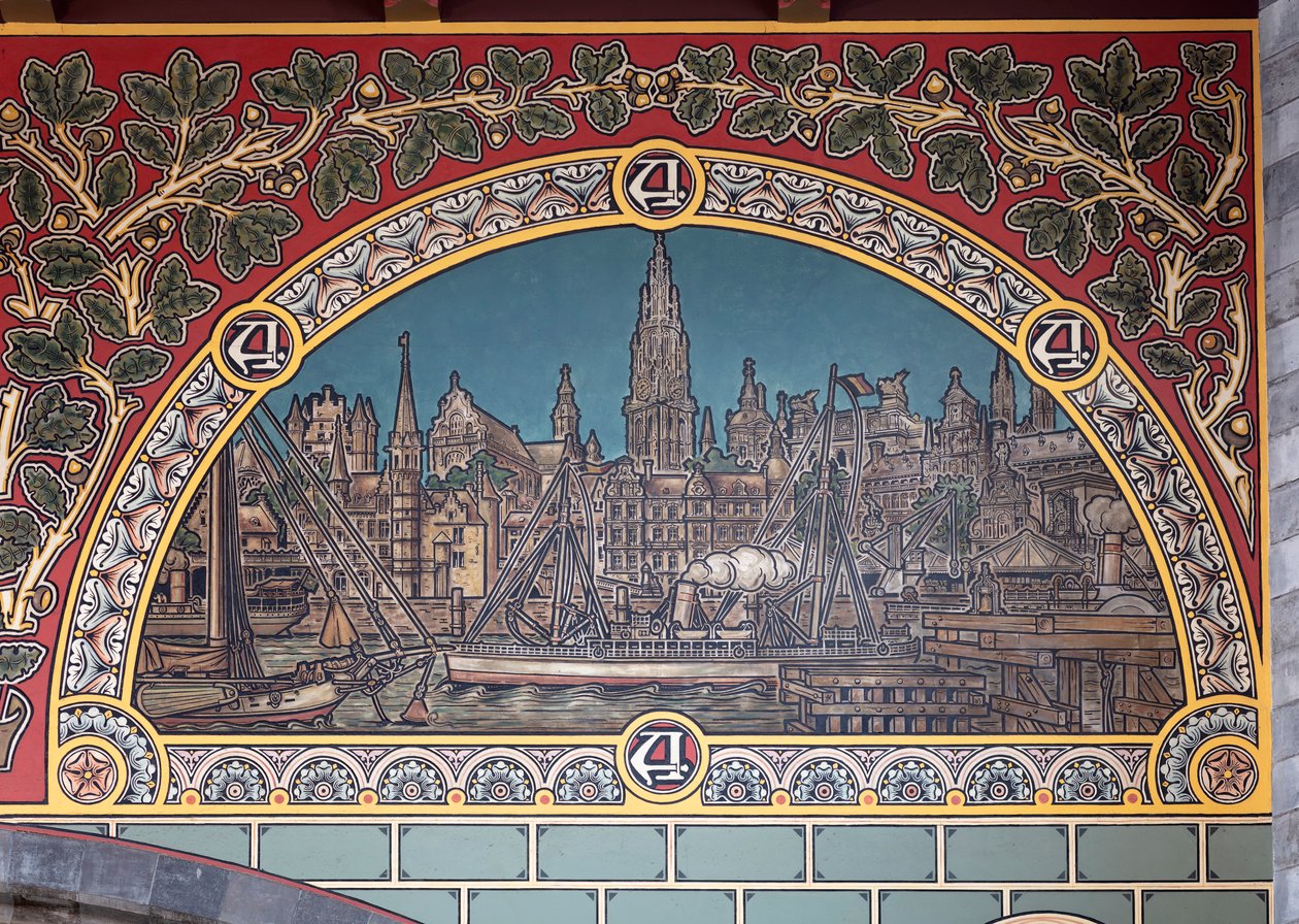 Jernbanestasjonsbygning (Sint-Pietersstation). Interiør. 1912. Entreen. av Louis Cloquet