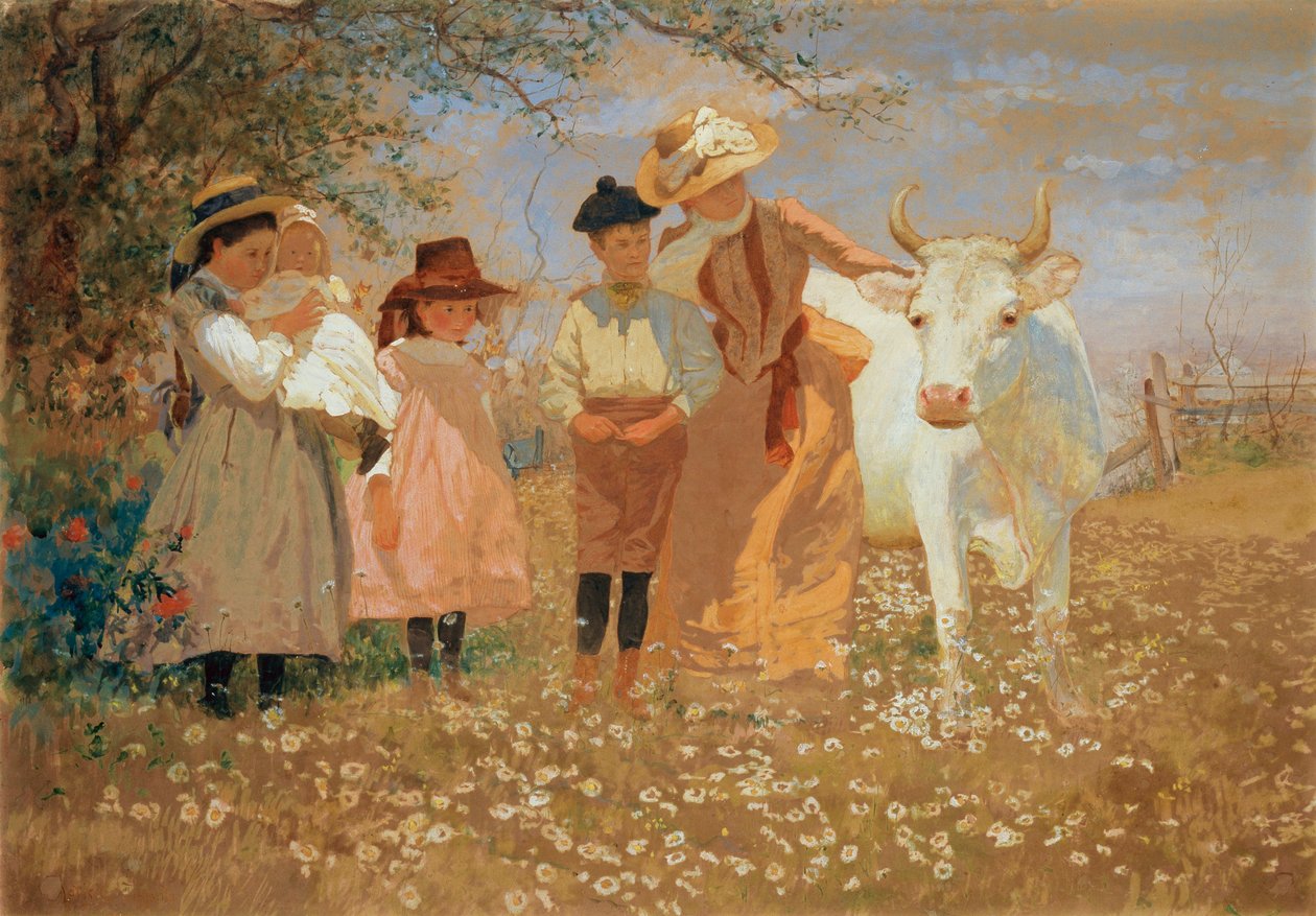 Familiegruppe med ku, ca. 1888 av Louis Comfort Tiffany