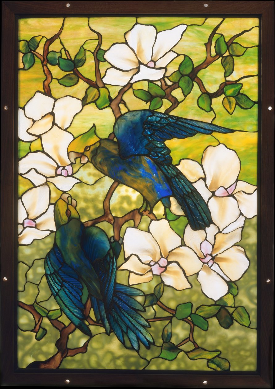 Hibiscus og papegøyer, ca. 1910-20 (skjørt blyholdig glass) av Louis Comfort Tiffany