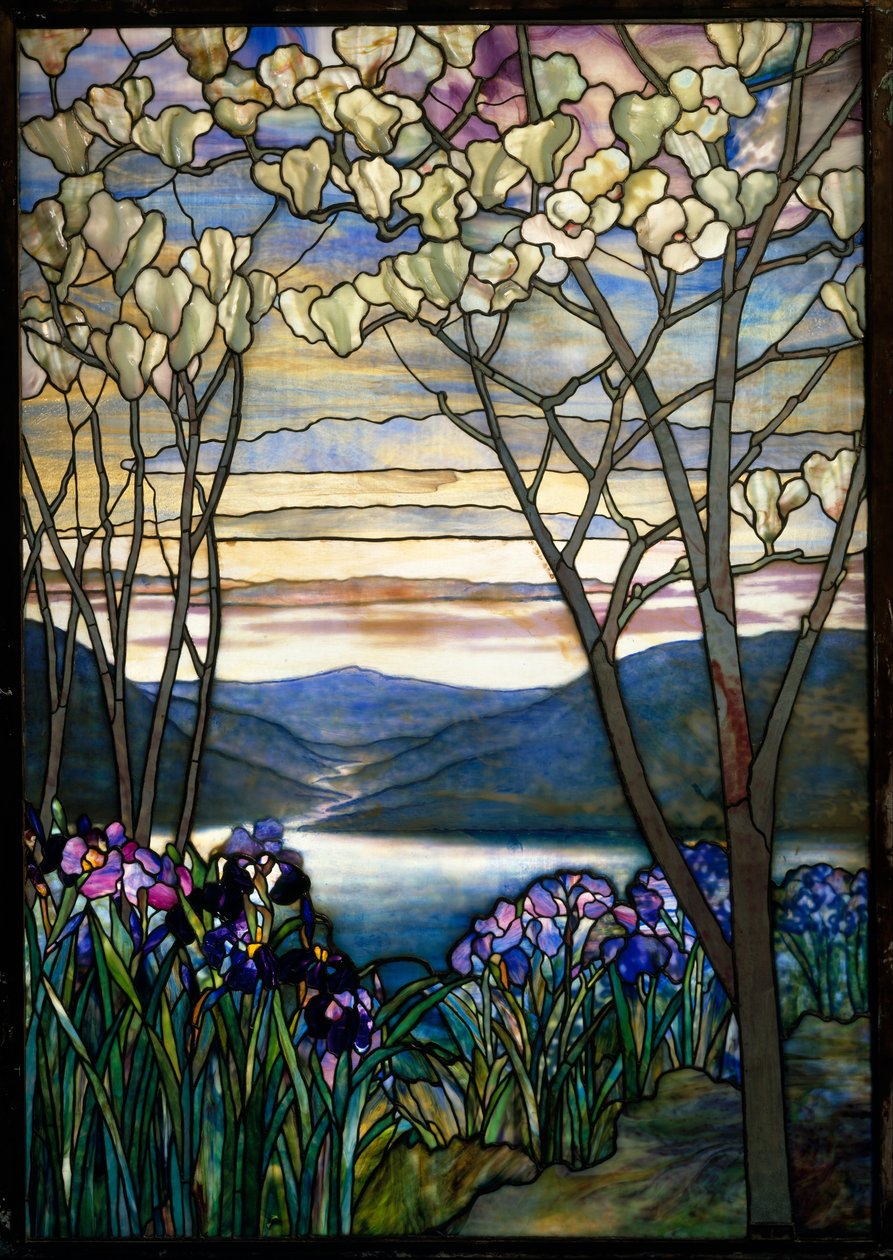 Magnolias and Irises, ca. 1908 (favrile-glass av bly) av Louis Comfort Tiffany
