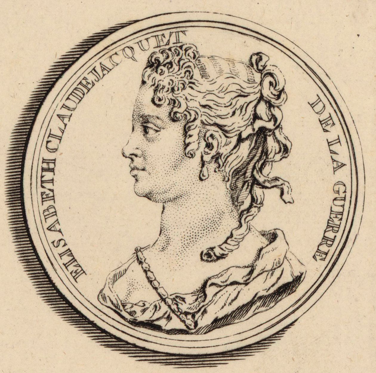 Portrett av komponisten Elisabeth Claude Jacquet de La Guerre 1665-1729. av Louis Crepy