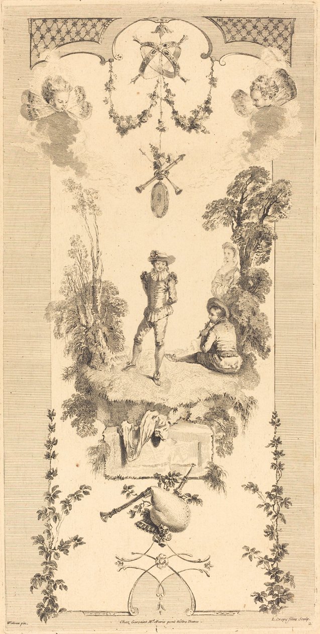 Shepherd danser til lyden av en fløyte av Louis Crépy after Antoine Watteau