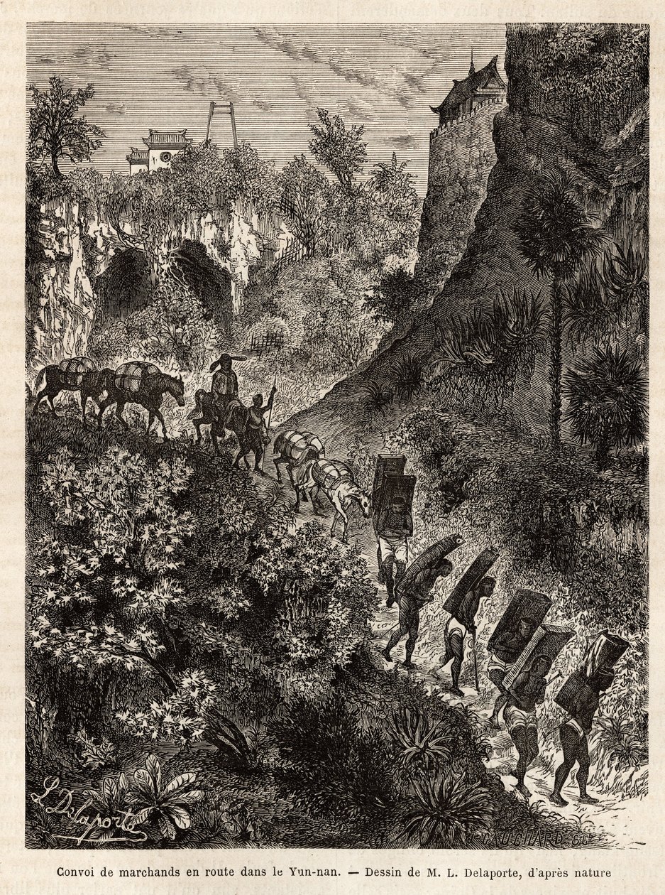 En konvoi av kjøpmenn og deres bærere på vei til Yunnan (Kina), gravert etter tegningen av L.Delaporte, for å illustrere utforskningsreisen i Indokina av Francis Garnier, skipsløytnant, i 1866-1868, publisert i "" Le tour du monde»» 187 av Louis Delaporte