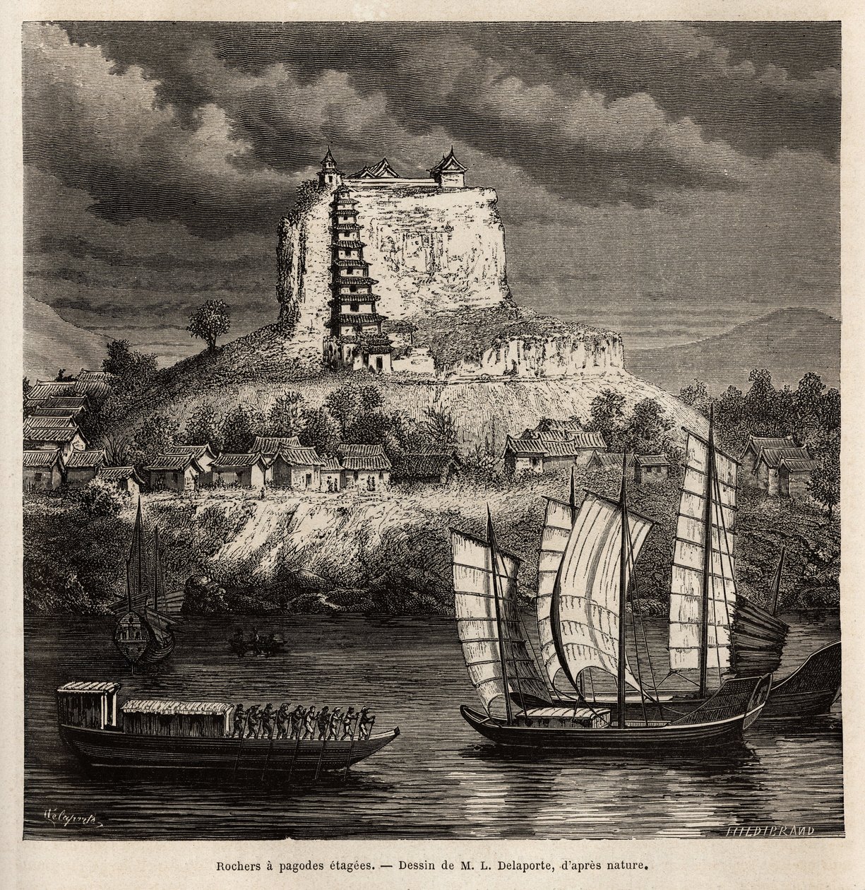 En stein med pagodescener og forskjellige båter på den blå elven (Kina), gravert etter tegningen av L.Delaporte, for å illustrere letereisen i Indokina av Francis Garnier, skipsløytnant, i 1866-1868, publisert i " ”Le tour du monde av Louis Delaporte