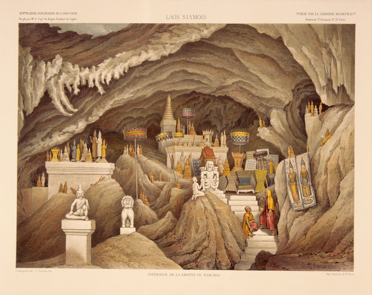 Interiør i et huletempel i Laos, trykk laget av F. Sorrieu, illustrasjon fra 