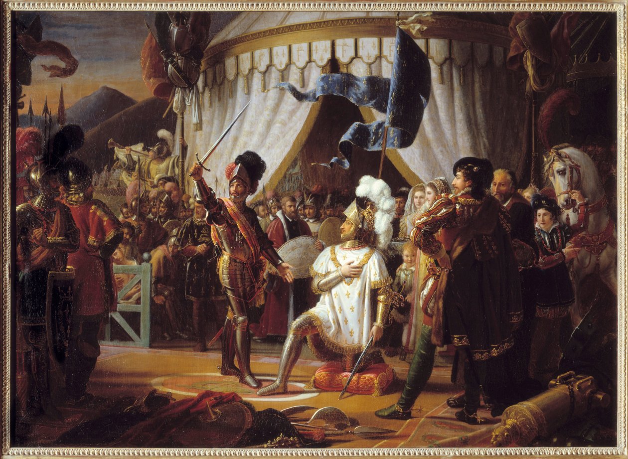 Frans I av Frankrike ber om å bli riddet av Chevalier Bayard etter seier i slaget ved Marignano, Italia, 1515 - av Louis Ducis