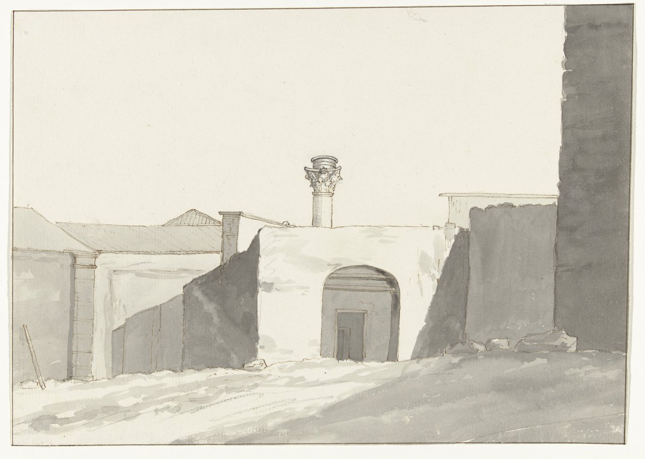 Antike zuil en bygninger i havn av Brindisi Fjernsyn av den antikke søylen [på havnen i Brindisi] Reiser i Italia, Sicilia og Malta - 1778 (serietittel) av Louis Ducros