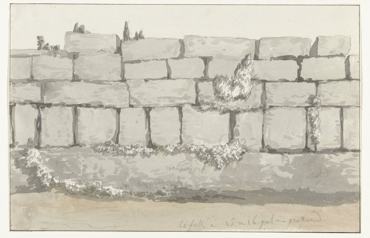 Eksteriør av ytterveggen til det gamle tempelet i den gamle byen Manduria Struktur eksteriør av mur eksteriør av láncienne Mandurie Voyage en Italy, og Sicile et à Malte - 1778 (serietittel) av Louis Ducros