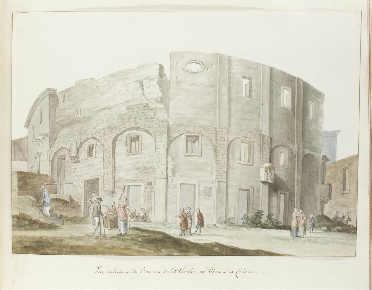 Buitenmuur van oude theater van Catanië Utvendig utsikt over det gamle lille teatret, eller Odeum i Catania (tittel på objekt) Reiser i Italia, Sicilia og Malta - 1778 (serietittel) av Louis Ducros