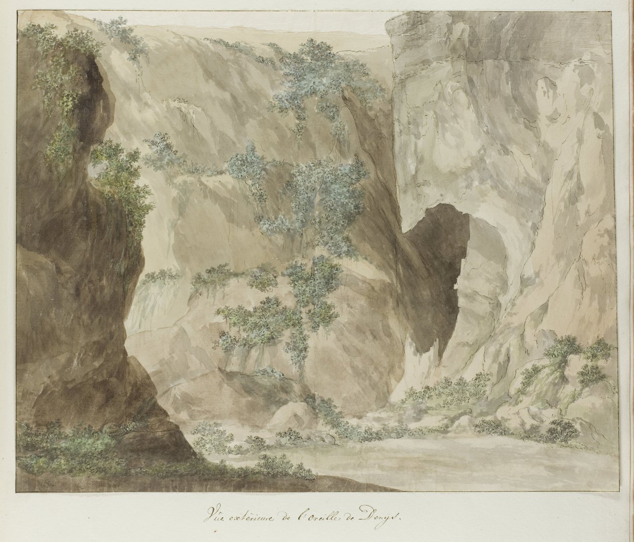 Buitenwand van de grot Øre av Dionysius Utvendig visning av øret til Dionysius (tittel på objekt) Reiser i Italia, Sicilia og Malta - 1778 (serietittel) av Louis Ducros